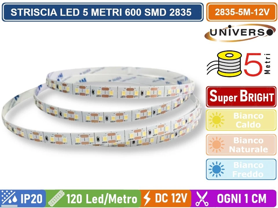 STRISCIA LED FLESSIBILE DC 12V 50W SMD 2835 MONOCOLORE 120 LED/M BOBINA DA 5M - Immagine 2 di 3