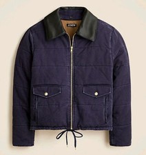 NWT J Crew Quilted Rugged Canvas Jacket Removable Faux Leather Collar Sz M Navy