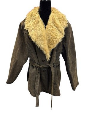 Marcelle Renee Olive Green Leather Coat Faux Shearling Trim Belted 3XL