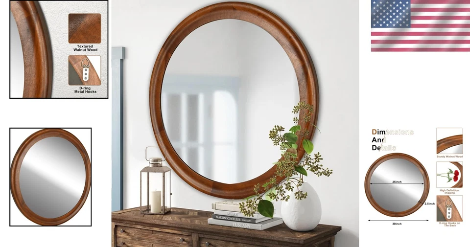 Espejo redondo de 30 pulgadas de nogal rústico de alta calidad - pieza de decoración del hogar atemporal Foto 2 de 4