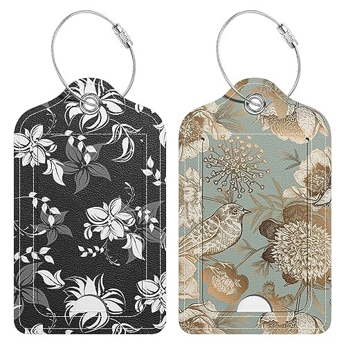PU Leather Luggage Tags for Suitcase - Travel Cruise - 2 Pack Flowers Bird