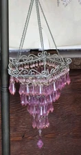 Purple Hanging Beaded Chandelier Candle Holder 4 Tier Victorian Complete
