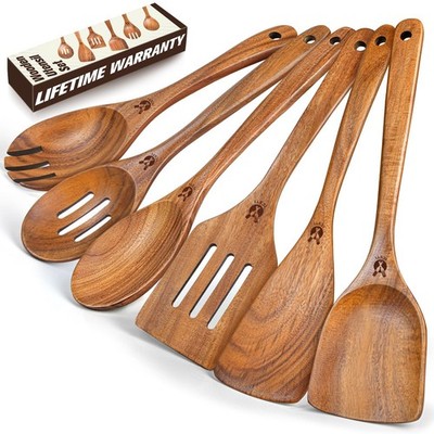 Wooden Spoons for Cooking, 6 Pcs Natural Teak Wooden Kitchen Utensils Set, Co...