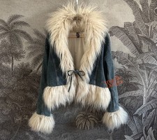 Denim Afghan Coat Blue Fur Trim Penny Lane Y2...