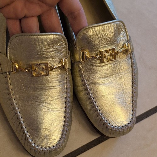Escada Loafers Metallic Gold Leather Flat Made In Italy Size 10 - Picture 5 of 13