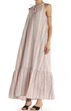 Nine West Linen Blend Maxi Dress Striped Tiered Tie Neck Peasant Size XXL