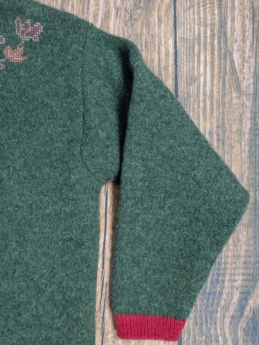 Vintage Equorian Hand Knit Cardigan 100% Shetland Wool Green Floral Womens Large - Picture 5 of 14