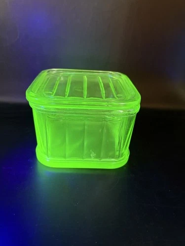 Vintage Uranium Glass Depression Square Ribbed Refrigerator Dish with Lid 1930s