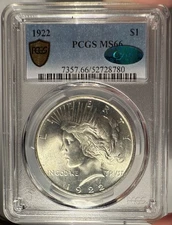 1922 $1 PCGS MS 66 CAC Peace Silver Dollar