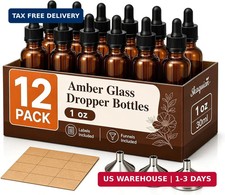 12 Pack 1oz Amber Glass Dropper Bottles with Funnels Labels Essential Oils
