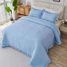 3 PCS Bedding Set Ultrasonic Quilt Sets with Ruffled Edges  All Season (80"x90")