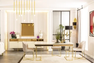 Gold Esszimmer Set Tisch Anrichte Spiegel Spiegel Luxus Möbel Holz neu - Bild 1 von 4
