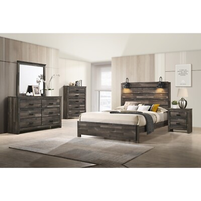 Rustic Brown 6Pc Built in Sconce Light Lamps Platform King Size Bed Set Wooden