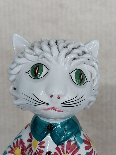 Giacca Floreale Vintage MCM Ceramica Spaghetti Gatto Verde Occhi Con Ombrello Figurina Italia - Foto 6 di 16