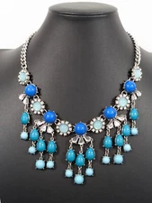 Coastal Boho Beachy Blue Teal Charm Cabochon Bib Statement necklace 20 inch