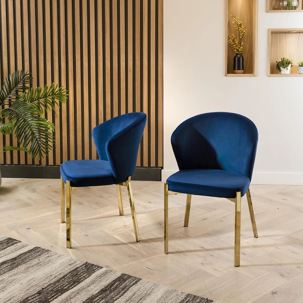 Quatropi Dining Chair Set of 2 Navy Blue Velvet Wingback on Gold