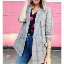 Cabi Gray Pink Plaid Boxy Oversized Blazer Size 0 Academia Business Fall City