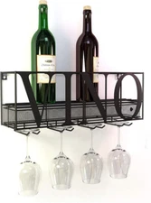 Wall Mount Wine Bottle & Glass Rack w Shelf Stoppers Drawer - Space Saver Holder