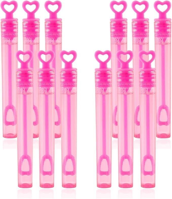 12 Pink Mini Heart Bubble Tubes With 4ml Bubble Liquid Solution and Blow  Wands