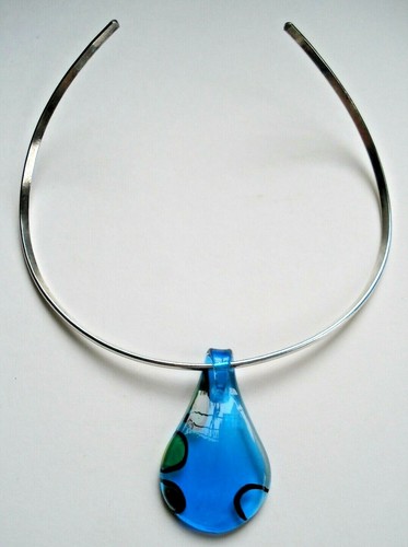 Sterling Silver Plated Collar Necklace Artisan Blue Glass Pendant Charm Choker - Picture 3 of 4