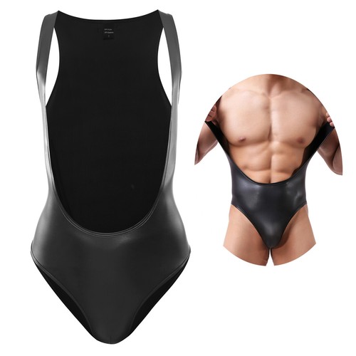 Sexy Men PU Leather Soft Bodysuit Clubwear Leotard Wrestling Singlet Jumpsuit - Imagen 3 de 15