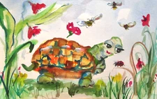 Turtle and Bugs 6x9 watercolor original impressionism  by Delilah