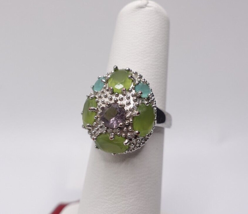 Sterling Silver Cluster Peridot Amethyst Blue Topaz Gemstone Ring 6.75