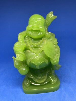Vintage Jade Green Happy Buddha with Treasure Bag Asian Decor