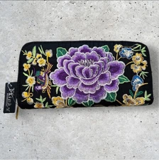 Purple Embroidered Floral Black 8x4 Zip Around Wallet
