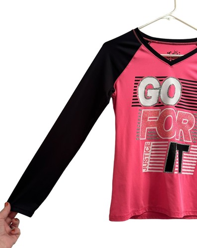 GIRLS JUSTICE "GO FOR IT" LONG SLEEVE SHIRT Sz 12 BLACK PINK WHITE GLITTER - Picture 3 of 16