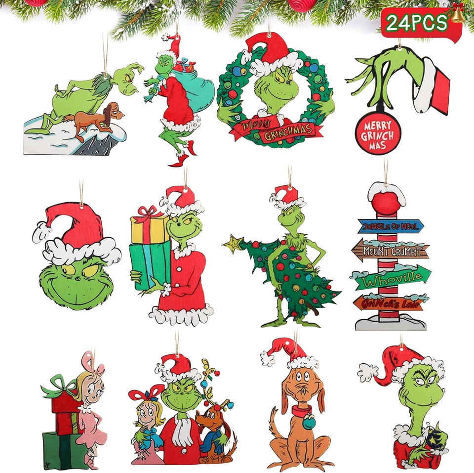 Grinchs Christmas Tree Decorations 24PCS Christmas Cute Wooden Hanging