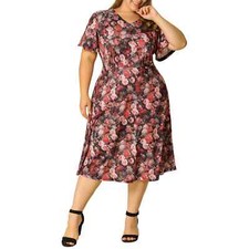 Agnes Orinda 1X Plus Dress Floral Midi stretchy pullover flowy V-neck EUC