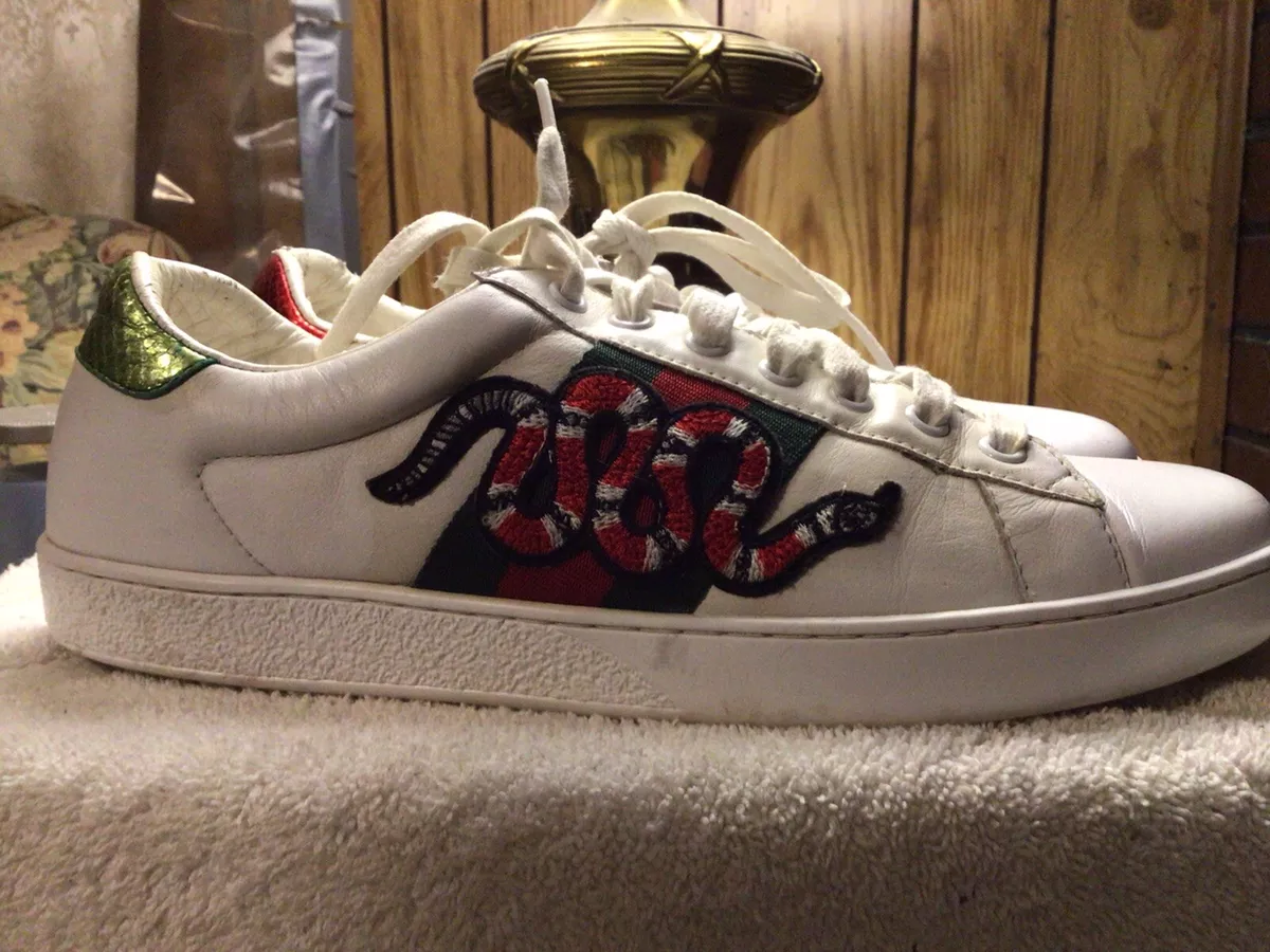 Mens Gucci Ace Embroidered Low Top Sneaker White Leather Snake Size 42 / US  9