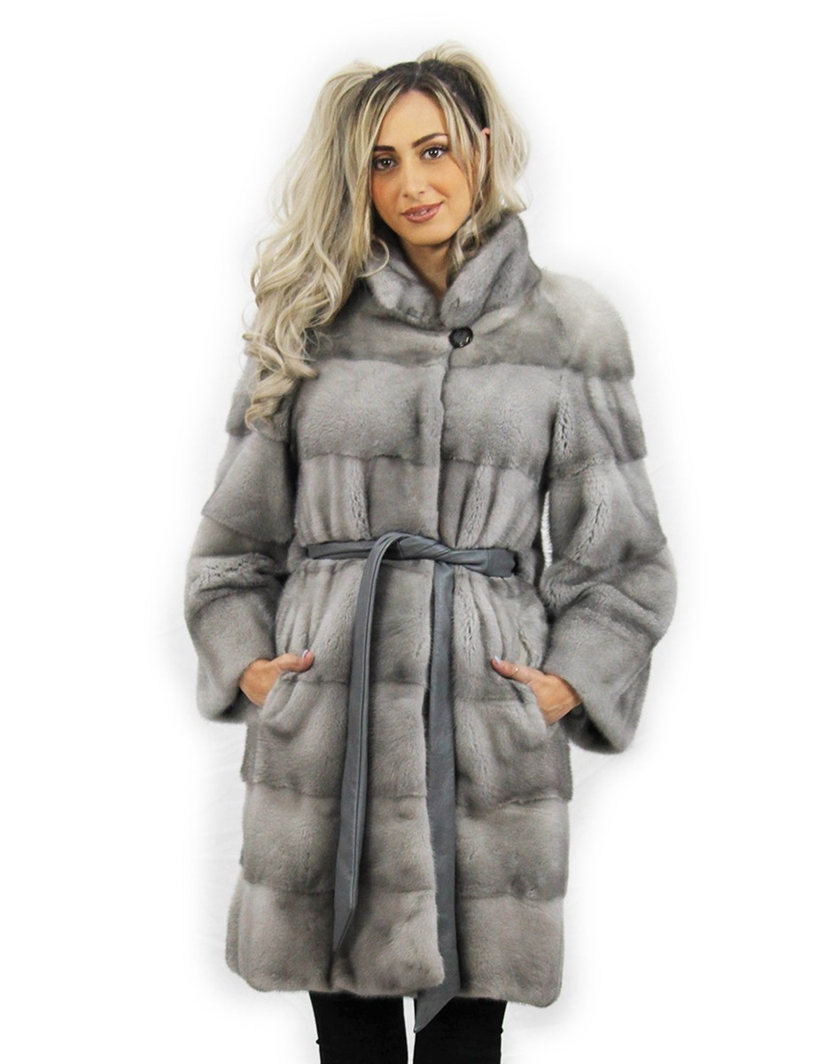 Mink fur coat size 40 with mandarin collar belt at the waist 3/4