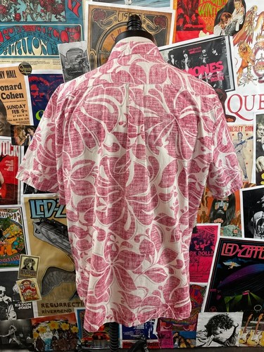 Vintage Men's 90s Red Cream Tropical Hawaiian Reverse Print Cotton Tiki Shirt XL - Picture 7 of 8