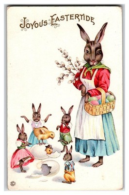 Joyous Eastertide Embossed Anthropomorphic Bunnies Chick Egg Vintage Postcard