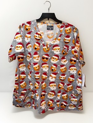 NWT Buttersoft Womens 2X Christmas Scrub Top Santa Emojis Cotton/Poly Scrubs
