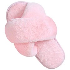 Women  s Cross Band Slippers, Soft Plush Fleece Lightweight Non 8-9 Pinkish