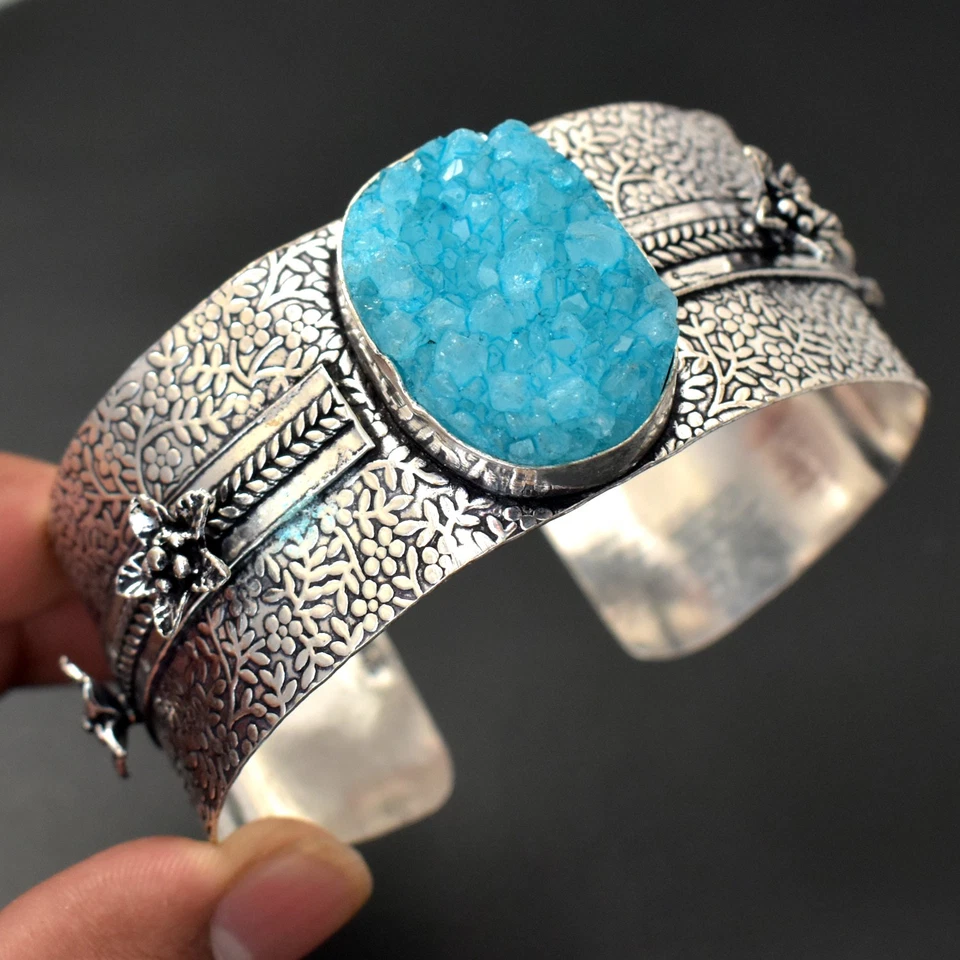 Blau Titan Druzy Edelstein Verstellbar Armreif Handarbeit Vintage Schmuck BGL 17 - Bild 2 von 4