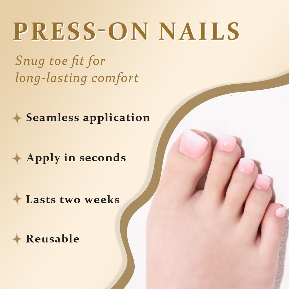 evpct Gradient Color Press on Toenails Square Short, Pink Faded into White Pr...
