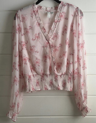 Joie S Pink White Floral Chiffon Sheer Ruffle V-Neck Smocked Blouse EUC