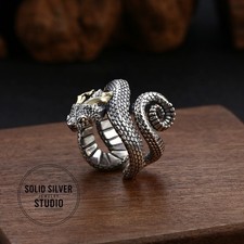 Men  s 925 Sterling Silver Coiled Snake Ring Heavy 26g Realistic Serpent Viper