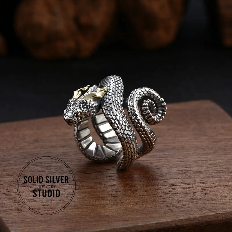 Men’s 925 Sterling Silver Coiled Snake Ring Heavy 26g Realistic Serpent Viper - Image 2 of 4