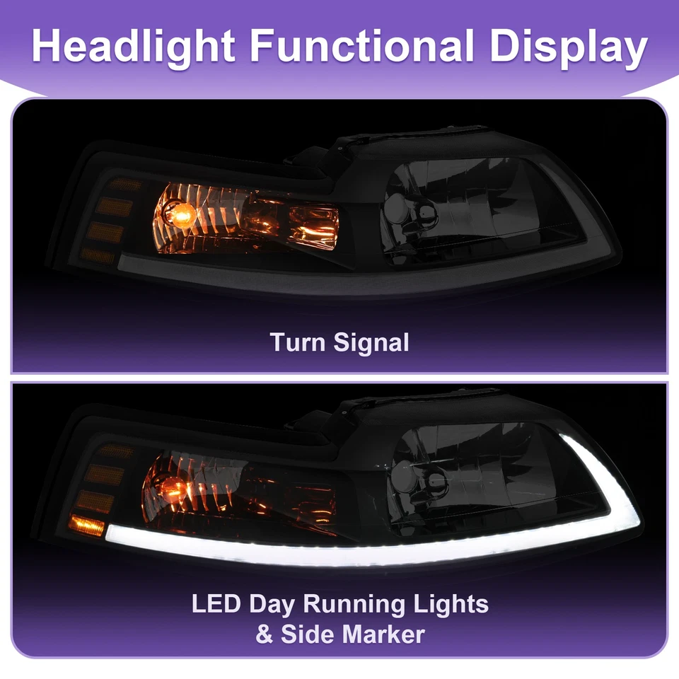LED DRL Headlights For 1999-2004 Ford Mustang GT Black Housing Amber Corner Foto 4 de 4