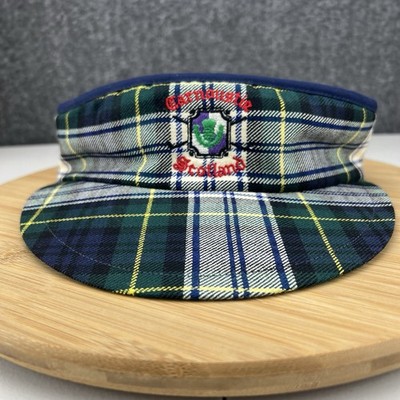 Vintage Canoustie Scotland Golf Visor Hat OSFM Plaid Green Blue Embroidered Logo