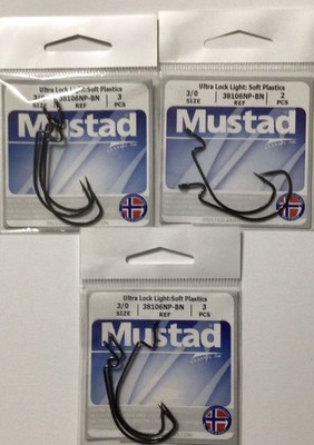 Lot Of 3. Mustad Ultra Lock Soft Plastics,Size 3/0 Black Nickel  Total of 8 Hook