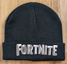 Youth Fortnite Knit Embroidered Silver Logo Beanie Hat Black OSFM