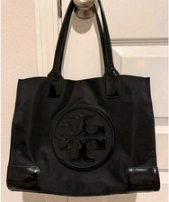 Tory Burch Black Logo Tote Bag Patent Trim Double Handles Lined Pockets Gold