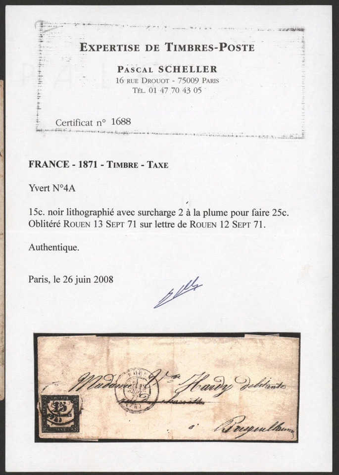 France 1871 - Cover Rouen - Postage Due - Pen Surcharge + Certificate - Image 3 of 3