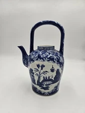 Large Decorative Blue & White  Tea Pot 12"  Vase. Floral And Chinese Design